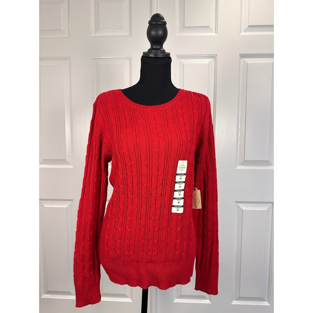 St Johns Bay Womens Red Cable Knit Sweater Size M Long Sleeve Cotton Blend NWT